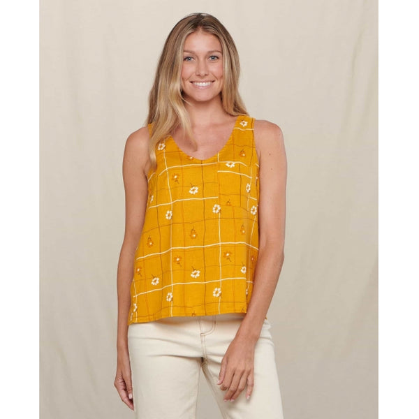 Toad&Co Womens Taj Hemp Button Back Tank Gooseberry Grid Print